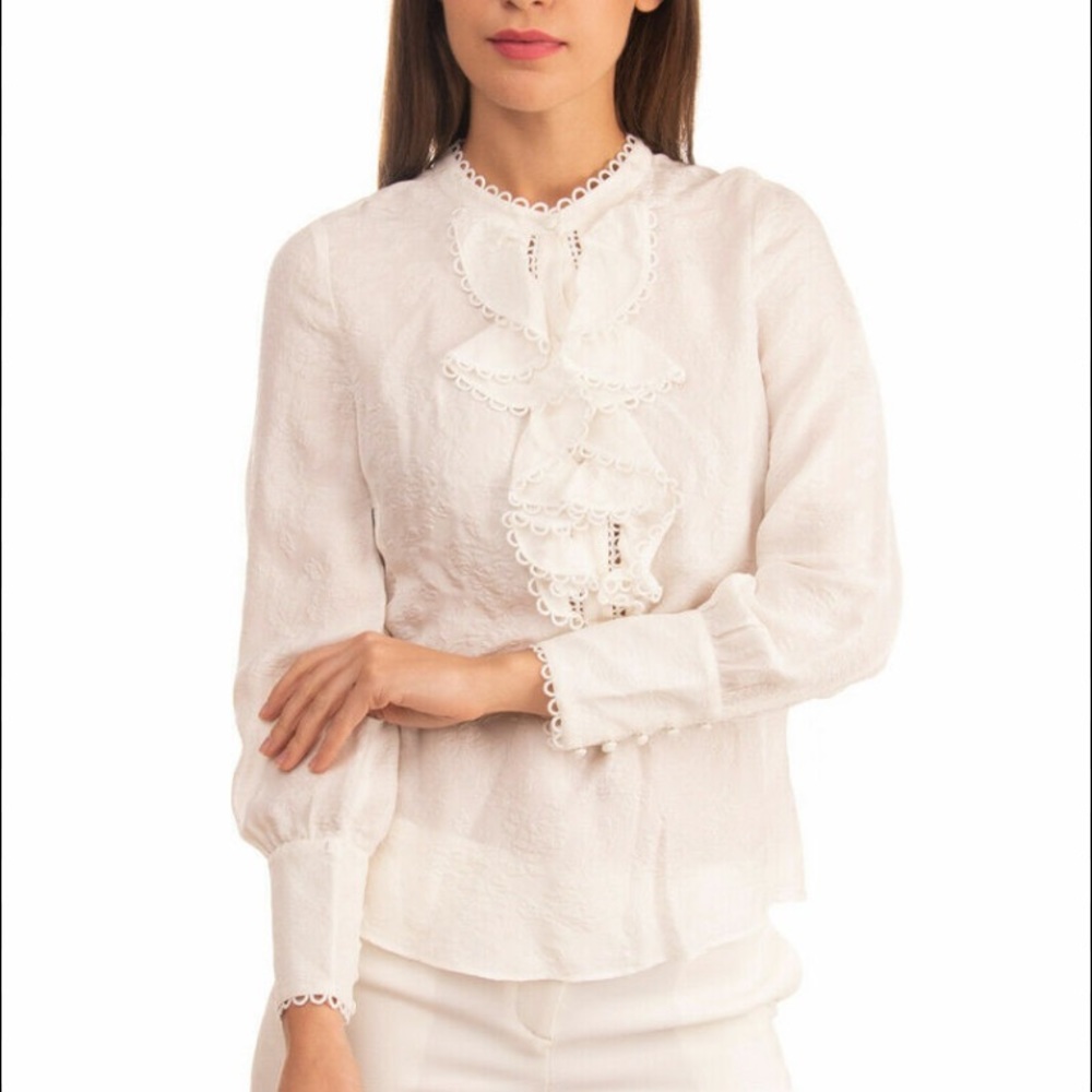 ♥️… $350 REBECCA TAYLOR Silk Cloque Floral Jacquard Crisp White Top